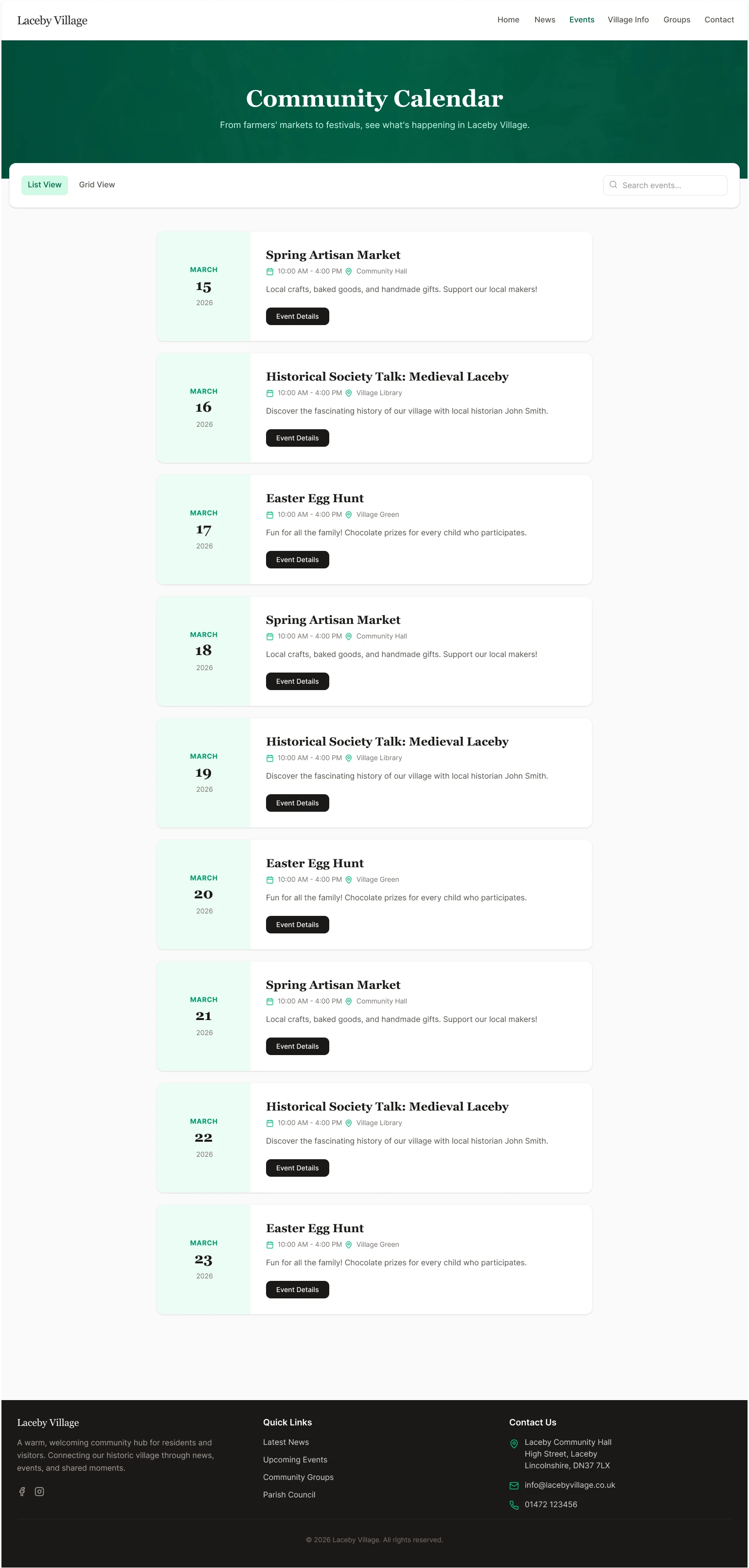 Events page of the Laceby Village website