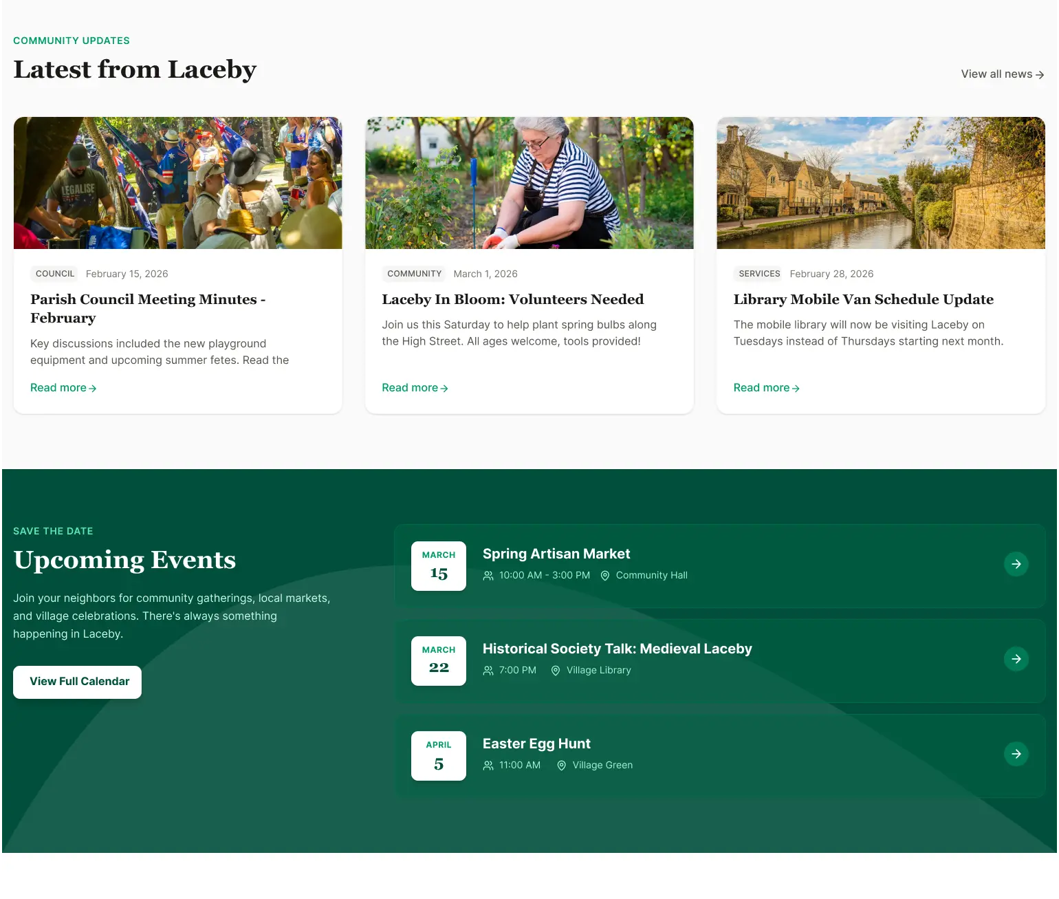 Latest news section of the Laceby Village website