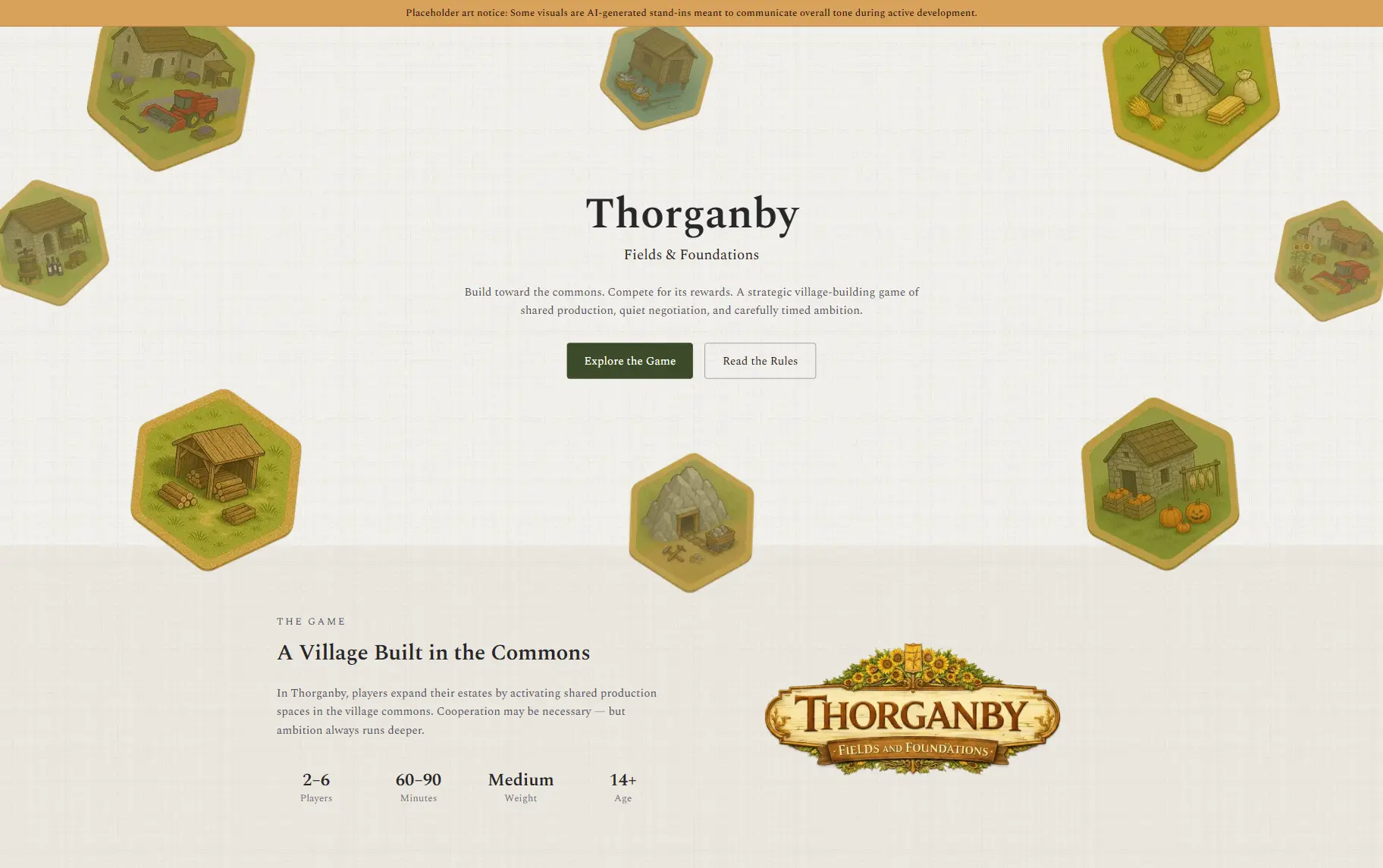 Thorganby board game landing page with hex tiles and earthy design