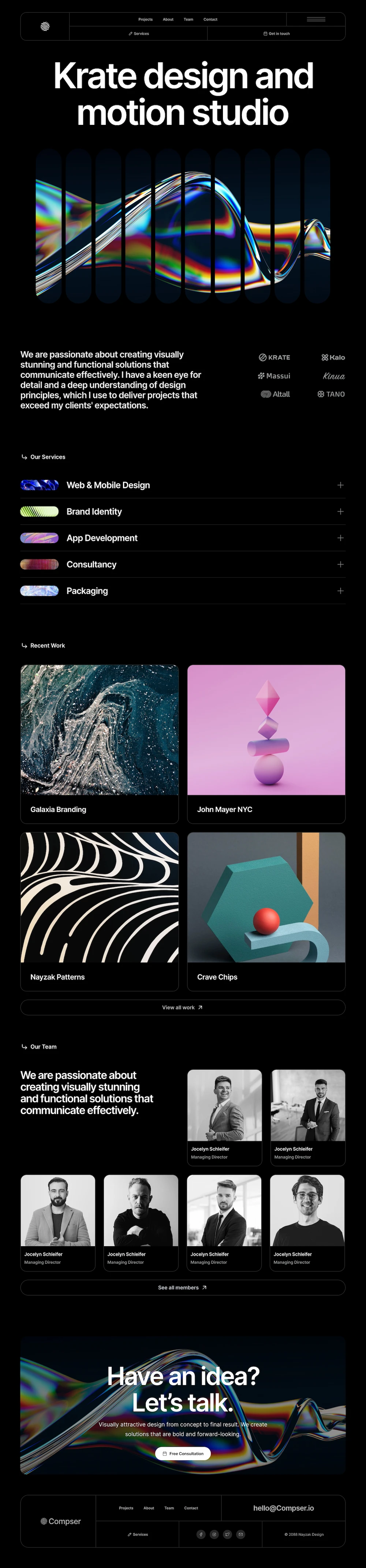 Dark themed website design for Krate motion studio