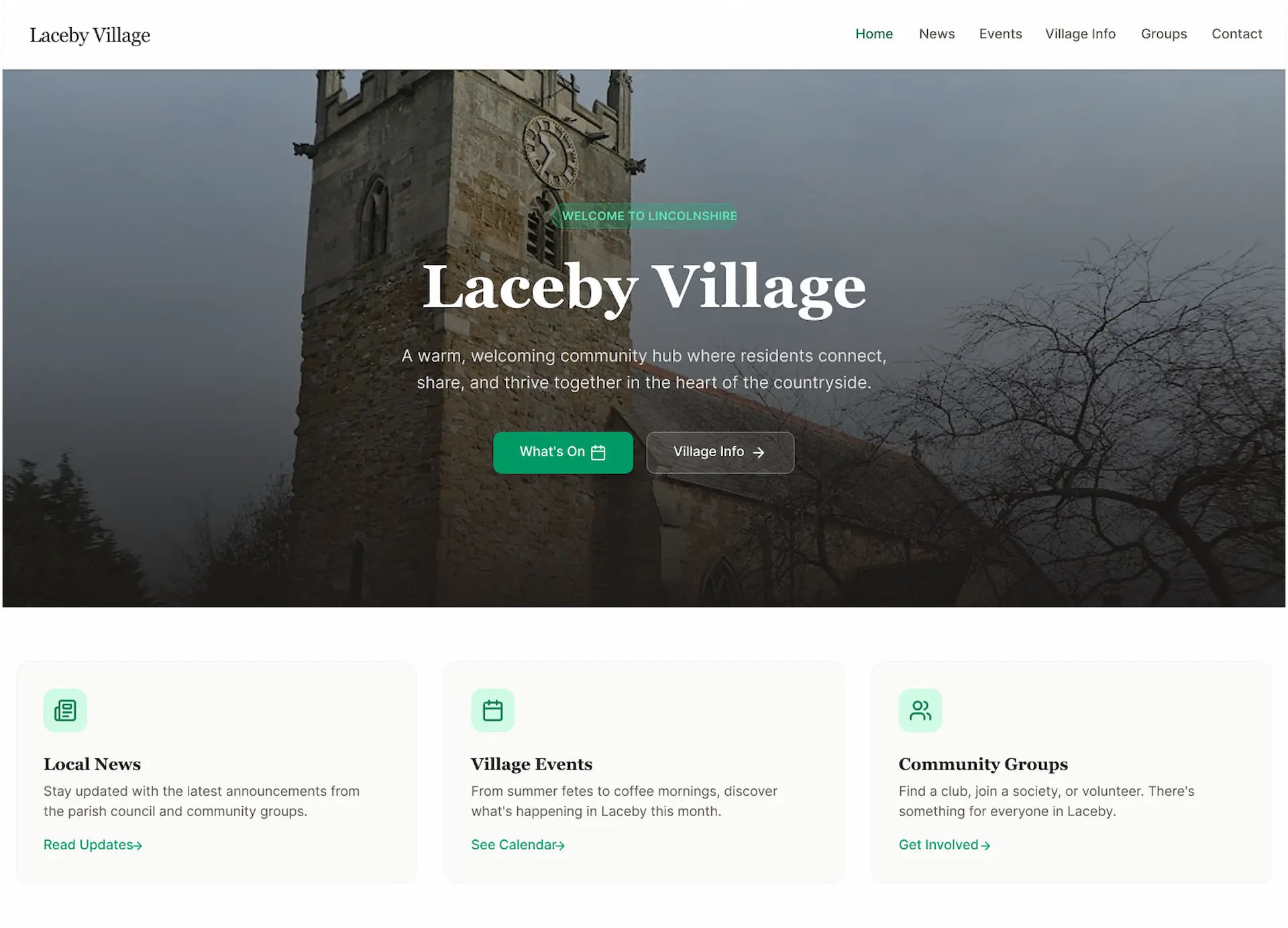 Screenshot of Laceby Village website homepage
